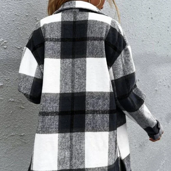 BLACK AND WHITE PLAID PRINT BUTTON DOWN COLLARED S - Picture 2 of 8